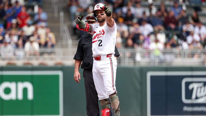 May 17, 2026; Minneapolis, Minnesota, USA; Minnesota Twins first baseman Kody Clemens (2) celebrates after hitting an RBI double against the Milwaukee Brewers during the first inning at Target Field. Mandatory Credit: Matt Krohn-Imagn Images