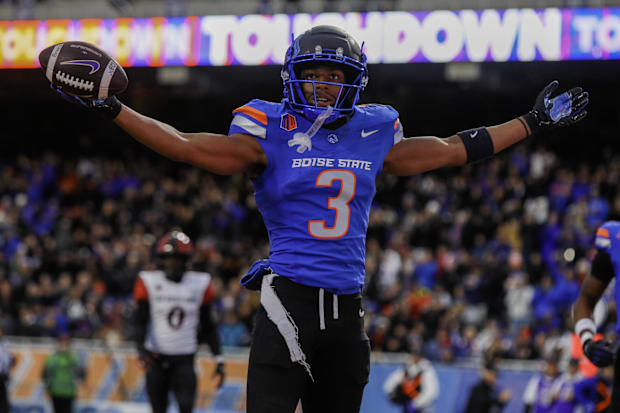 Boise State wide receiver Latrell Caples celebrates against San Diego State.