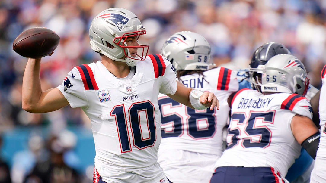 New England Patriots quarterback Drake Maye (10) fires the ball downfield during the first quarter against the Tennessee Titans at Nissan Stadium in Nashville, Tenn., Sunday, Oct. 19, 2025.