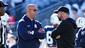 Ohio State Buckeyes head coach Ryan Day talks to Penn State Nittany Lions head coach James Franklin prior to the NCAA football game at Beaver Stadium in University Park, Pa. on Saturday, Nov. 2, 2024.
