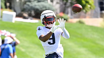 Jul 23, 2025; Foxborough, MA, USA; New England Patriots wide receiver Kayshon Boutte (9) makes a catch during training camp at Gillette Stadium. Mandatory Credit: Eric Canha-Imagn Images