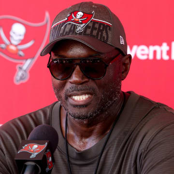 Aug 3, 2023; Tampa Bay, FL, USA;  Tampa Bay Buccaneers head coach Todd Bowles gives a press conference after training camp at AdventHealth Training Center. Mandatory Credit: Nathan Ray Seebeck-USA TODAY Sports