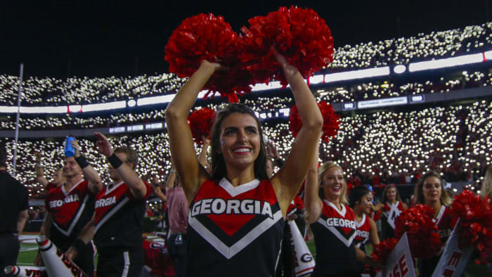 Sep 21, 2019; Athens, GA, USA; Georgia Bulldogs cheerleaders perform in the fourth quarter against Notre Dame.