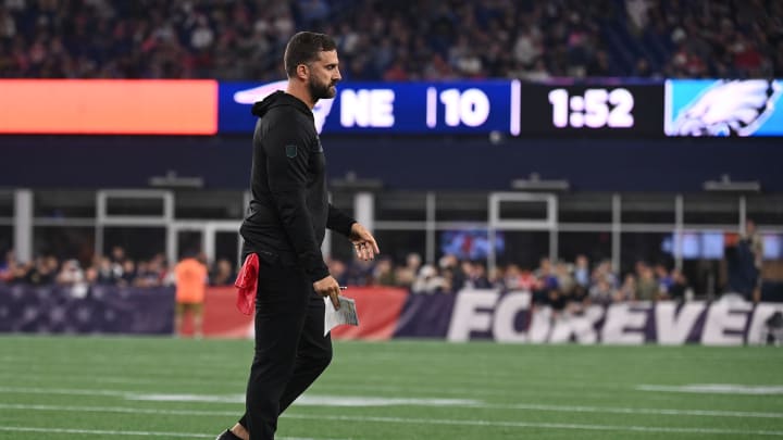 Aug 15, 2024; Foxborough, MA, USA; Philadelphia Eagles head coach Nick Sirianni  returns to the sideline during the second half against the New England Patriots at Gillette Stadium. Mandatory Credit: Eric Canha-USA TODAY Sports