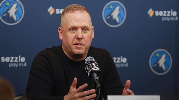Sep 29, 2025; Minneapolis, MN, USA; Minnesota Timberwolves president of basketball operations Tim Connelly speaks to the media during media day at Target Center. Mandatory Credit: Bruce Kluckhohn-Imagn Images