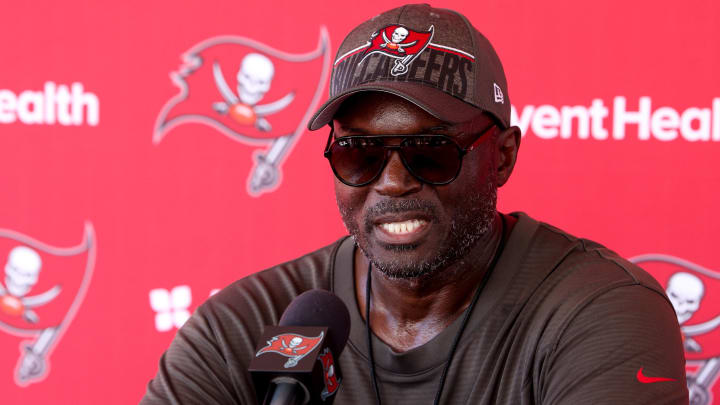 Aug 3, 2023; Tampa Bay, FL, USA;  Tampa Bay Buccaneers head coach Todd Bowles gives a press conference after training camp at AdventHealth Training Center. Mandatory Credit: Nathan Ray Seebeck-USA TODAY Sports