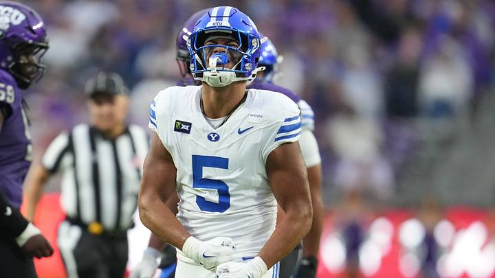 Oct 3, 2026; Fort Worth, Texas, USA;  BYU Cougars defensive end Nusi Taumoepeau (5) reacts after a sack against the TCU Horned Frogs during the first half at Amon G. Carter Stadium.  Mandatory Credit: Chris Jones-Imagn Images