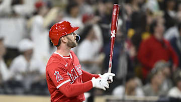 May 12, 2025; San Diego, California, USA; Los Angeles Angels left fielder Taylor Ward (3) hits a grand slam during the ninth inning against the San Diego Padres at Petco Park. Mandatory Credit: Denis Poroy-Imagn Images