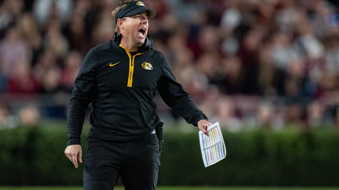 Missouri Tigers head coach Eliah Drinkwitz yells from the sideline, in a game versus the South Carolina Gamecocks this season.