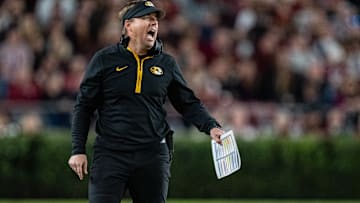 Missouri Tigers head coach Eliah Drinkwitz yells from the sideline, in a game versus the South Carolina Gamecocks this season.
