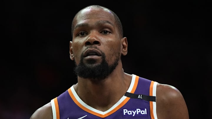 Phoenix Suns forward Kevin Durant looks on against the Boston Celtics during the second half at Footprint Center. Phoenix Suns forward Kevin Durant looks on against the Boston Celtics during the second half at Footprint Center.
