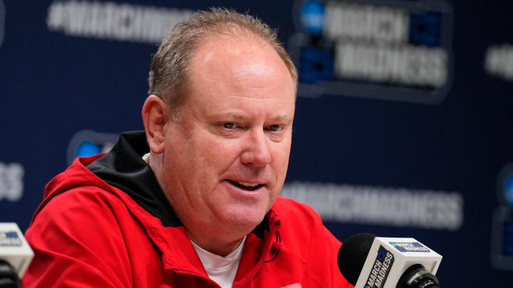 Wisconsin coach Greg Gard talks to the media at a press conference at Barclays Center in New York on March 21, 2024. 