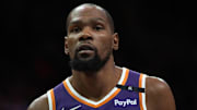 Mar 26, 2025; Phoenix, Arizona, USA; Phoenix Suns forward Kevin Durant (35) looks on against the Boston Celtics during the second half at Footprint Center. Mandatory Credit: Rick Scuteri-Imagn Images