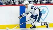 May 1, 2025; Ottawa, Ontario, CAN; Toronto Maple Leafs right wing William Nylander (88) skates with the puck in game six of the first round of the 2025 Stanley Cup Playoffs against the Ottawa Senators at Canadian Tire Centre. Mandatory Credit: Marc DesRosiers-Imagn Images