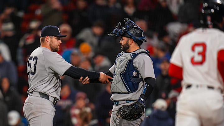 Apr 21, 2026; Boston, Massachusetts, USA; New York Yankees pitcher David Bednar (53) and catcher Austin Wells (28) shake arms after defeating the Boston Red Sox at Fenway Park. Mandatory Credit: David Butler II-Imagn Images