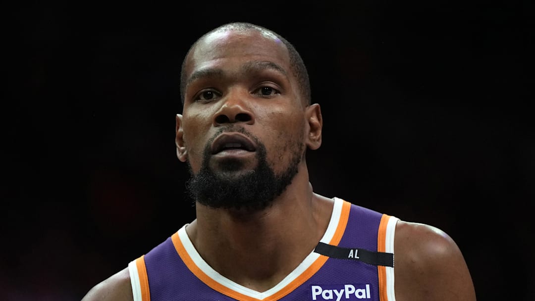 Mar 26, 2025; Phoenix, Arizona, USA; Phoenix Suns forward Kevin Durant (35) looks on against the Boston Celtics during the second half at Footprint Center. Mandatory Credit: Rick Scuteri-Imagn Images