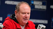 Mar 21, 2024; Brooklyn, NY, USA; Wisconsin coach Greg Gard talks to the media at a press conference at Barclays Center. Mandatory Credit: Robert Deutsch-Imagn Images