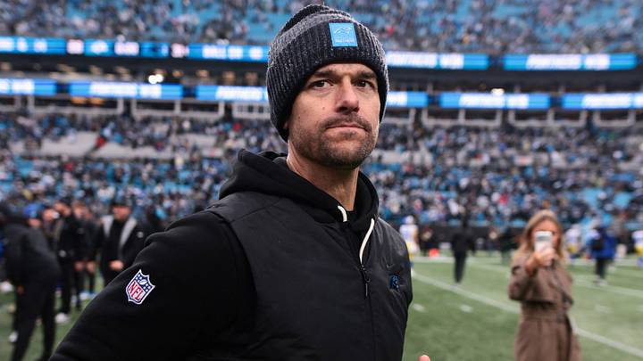 Nov 30, 2025; Charlotte, North Carolina, USA; Carolina Panthers head coach Dave Canales looks on after the game against the Los Angeles Rams at Bank of America Stadium. 