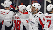 Feb 6, 2025; Philadelphia, Pennsylvania, USA; Washington Capitals left wing Alex Ovechkin (8) celebrates win against the Philadelphia Flyers during the third period at Wells Fargo Center. Mandatory Credit: Eric Hartline-Imagn Images