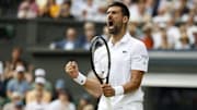 Novak Djokovic (SRB) reacts after winning the second set against Alex de Minaur (AUS) on day eight of Wimbledon.