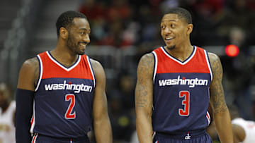 Apr 24, 2017; Atlanta, GA, USA; Washington Wizards guard John Wall (2) talks to guard Bradley Beal (3) against the Atlanta Hawks in the third quarter in game four of the first round of the 2017 NBA Playoffs at Philips Arena. Mandatory Credit: Brett Davis-Imagn Images
