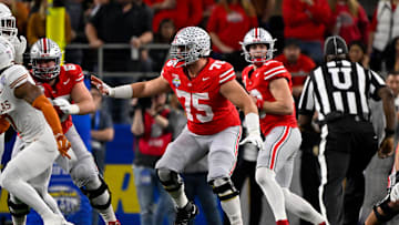 Jan 10, 2025; Arlington, TX, USA; Ohio State Buckeyes offensive lineman Carson Hinzman (75) in action during the game between the Texas Longhorns and the Ohio State Buckeyes at AT&T Stadium. Mandatory Credit: Jerome Miron-Imagn Images