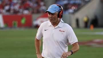 Oct 4, 2025; Houston, Texas, USA; Houston Cougars head coach Willie Fritz coaches against the Texas Tech Raiders in the first half at TDECU Stadium. Mandatory Credit: Thomas Shea-Imagn Images