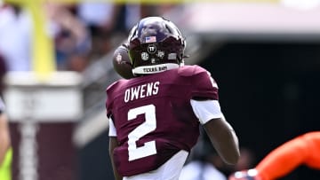 Sep 23, 2023; College Station, Texas, USA; Texas A&M Aggies running back Rueben Owens (2) receives a pass during the first quarter against the Auburn Tigers at Kyle Field. Mandatory Credit: Maria Lysaker-USA TODAY Sports