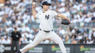 Jun 19, 2024; Bronx, New York, USA;  New York Yankees starting pitcher Gerrit Cole (45) pitches in the first inning against the Baltimore Orioles at Yankee Stadium. Mandatory Credit: Wendell Cruz-USA TODAY Sports