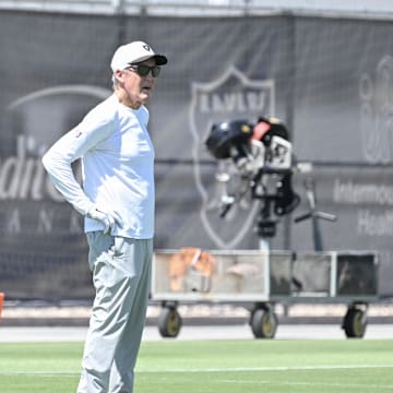 Jun 10, 2025; Henderson, NV, USA; Las Vegas Raider head coach Pete Carroll looks on during Las Vegas Raiders Minicamp at Intermountain Health Performance Center. Mandatory Credit: Candice Ward-Imagn Images