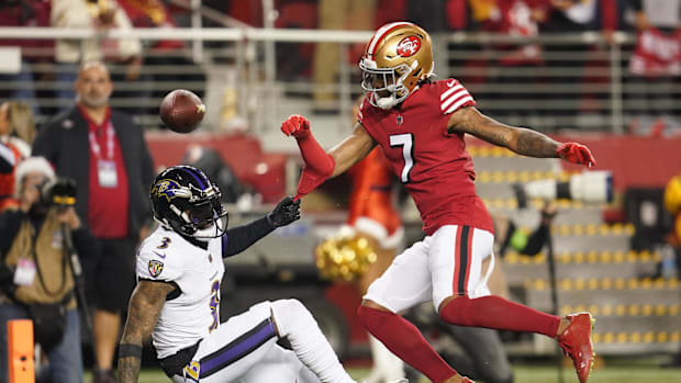 Baltimore Ravens wide receiver Odell Beckham Jr. (3) is unable to make a catch next to San Francisco 49ers cornerback Charvar