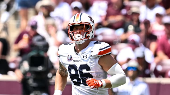 Sep 23, 2023; College Station, Texas, USA; Auburn Tigers tight end Luke Deal (86) runs down field during the third quarter against the Texas A&M Aggies at Kyle Field. Mandatory Credit: Maria Lysaker-USA TODAY Sports