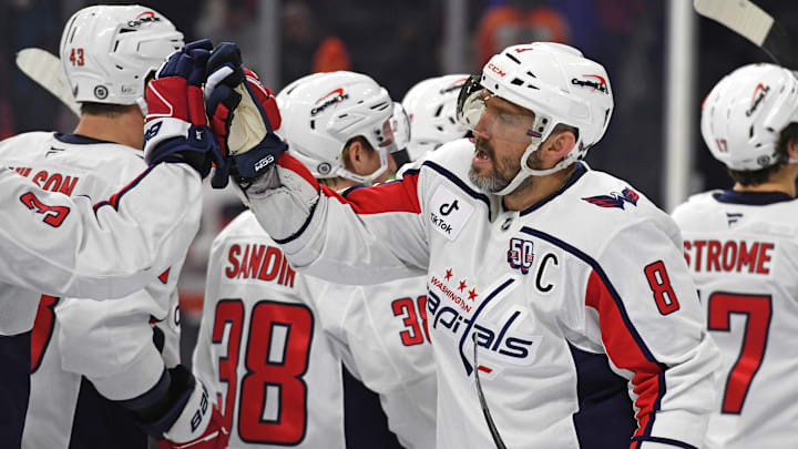 Feb 6, 2025; Philadelphia, Pennsylvania, USA; Washington Capitals left wing Alex Ovechkin (8) celebrates win against the Philadelphia Flyers during the third period at Wells Fargo Center. Mandatory Credit: Eric Hartline-Imagn Images