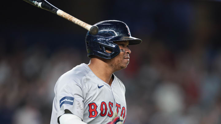 Boston Red Sox third baseman Rafael Devers (11) reacts after his solo home run during the ninth inning against the New York Yankees at Yankee Stadium on July 7.