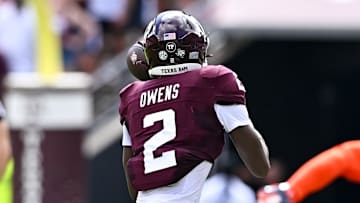 Sep 23, 2023; College Station, Texas, USA; Texas A&M Aggies running back Rueben Owens (2) receives a pass during the first quarter against the Auburn Tigers at Kyle Field. Mandatory Credit: Maria Lysaker-Imagn Images