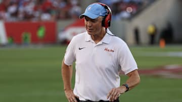 Oct 4, 2025; Houston, Texas, USA; Houston Cougars head coach Willie Fritz coaches against the Texas Tech Raiders in the first half at TDECU Stadium. Mandatory Credit: Thomas Shea-Imagn Images