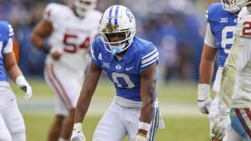 Nov 18, 2023; Provo, Utah, USA; Brigham Young Cougars wide receiver Kody Epps (0) reacts to a play against the Oklahoma Sooners in the third quarter at LaVell Edwards Stadium. Mandatory Credit: Rob Gray-USA TODAY Sports