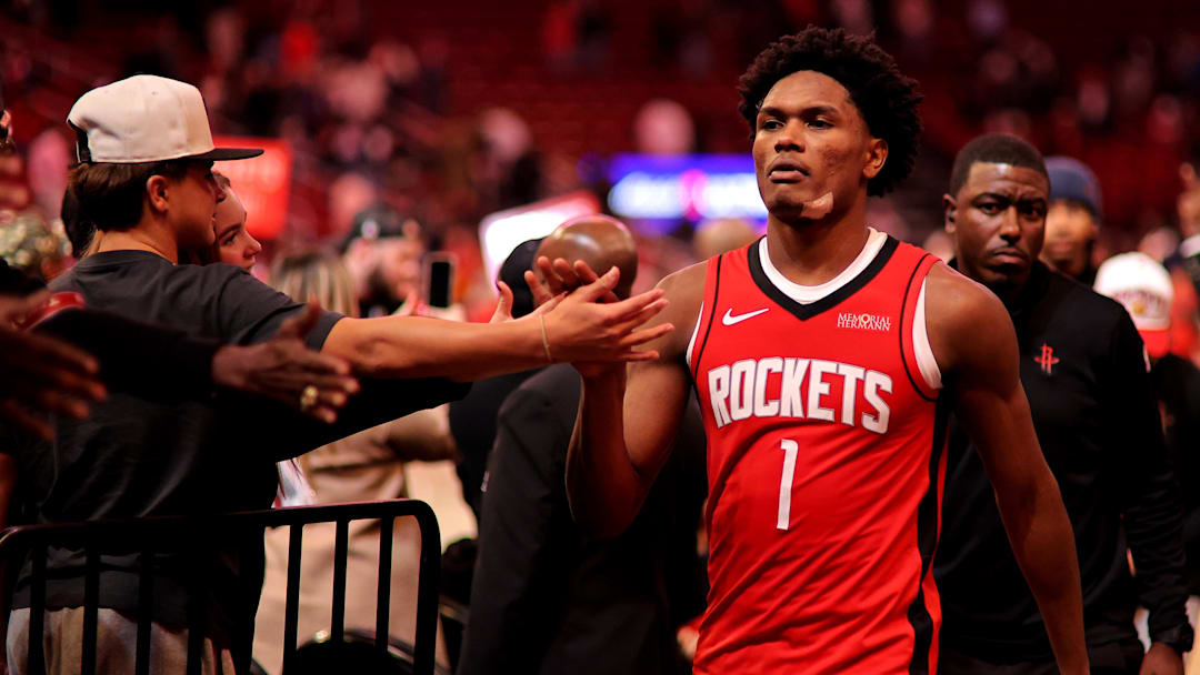 Dec 3, 2025; Houston, Texas, USA; Houston Rockets guard Amen Thompson (1) leaves the court following the game against the Sacramento Kings at Toyota Center. Mandatory Credit: Erik Williams-Imagn Images
