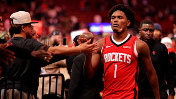 Dec 3, 2025; Houston, Texas, USA; Houston Rockets guard Amen Thompson (1) leaves the court following the game against the Sacramento Kings at Toyota Center. Mandatory Credit: Erik Williams-Imagn Images
