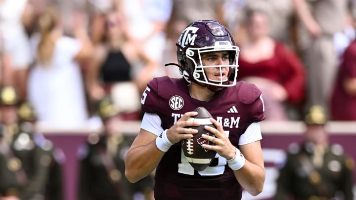 Sep 23, 2023; College Station, Texas, USA; Texas A&M Aggies quarterback Conner Weigman (15) in action during the second quarter against the Auburn Tigers at Kyle Field. Mandatory Credit: Maria Lysaker-USA TODAY Sports