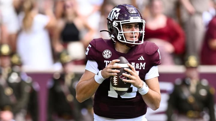 Sep 23, 2023; College Station, Texas, USA; Texas A&M Aggies quarterback Conner Weigman (15) in action during the second quarter against the Auburn Tigers at Kyle Field. Mandatory Credit: Maria Lysaker-USA TODAY Sports