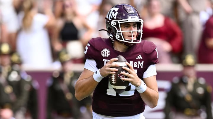 Sep 23, 2023; College Station, Texas, USA; Texas A&M Aggies quarterback Conner Weigman (15) in action during the second quarter against the Auburn Tigers at Kyle Field. Mandatory Credit: Maria Lysaker-USA TODAY Sports