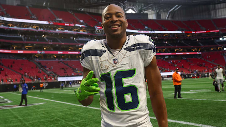 Seattle Seahawks wide receiver Tyler Lockett celebrates after a victory over the Atlanta Falcons. Seattle Seahawks wide receiver Tyler Lockett celebrates after a victory over the Atlanta Falcons.