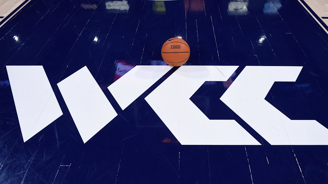 Dec 18, 2019; Spokane, WA, USA; A basketball sit atop of the new WCC logo before a Gonzaga Bulldogs men   s basketball game against the North Carolina Tar Heels at McCarthey Athletic Center. Mandatory Credit: James Snook-Imagn Images