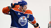 Jun 6, 2025; Edmonton, Alberta, CAN;  Edmonton Oilers right wing Corey Perry (90) reacts after scoring a goal against the Florida Panthers during the third period in game two of the 2025 Stanley Cup Final at Rogers Place. Mandatory Credit: Walter Tychnowicz-Imagn Images