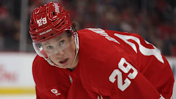 Detroit Red Wings forward Nate Danielson prepares for the face-off.