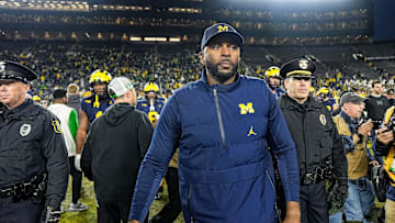 Michigan head coach Sherrone Moore walks off the field after 38-17 loss to Oregon at Michigan Stadium in Ann Arbor on Saturday, Nov. 2, 2024.