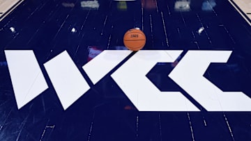 Dec 18, 2019; Spokane, WA, USA; A basketball sit atop of the new WCC logo before a Gonzaga Bulldogs men   s basketball game against the North Carolina Tar Heels at McCarthey Athletic Center. Mandatory Credit: James Snook-Imagn Images