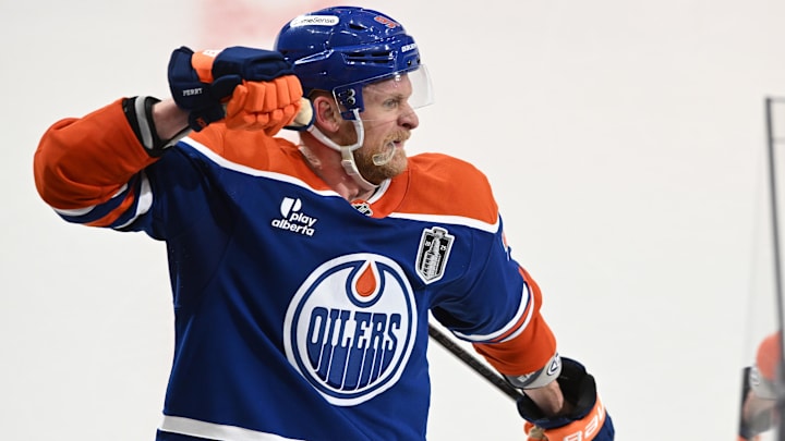 Jun 6, 2025; Edmonton, Alberta, CAN;  Edmonton Oilers right wing Corey Perry (90) reacts after scoring a goal against the Florida Panthers during the third period in game two of the 2025 Stanley Cup Final at Rogers Place. Mandatory Credit: Walter Tychnowicz-Imagn Images