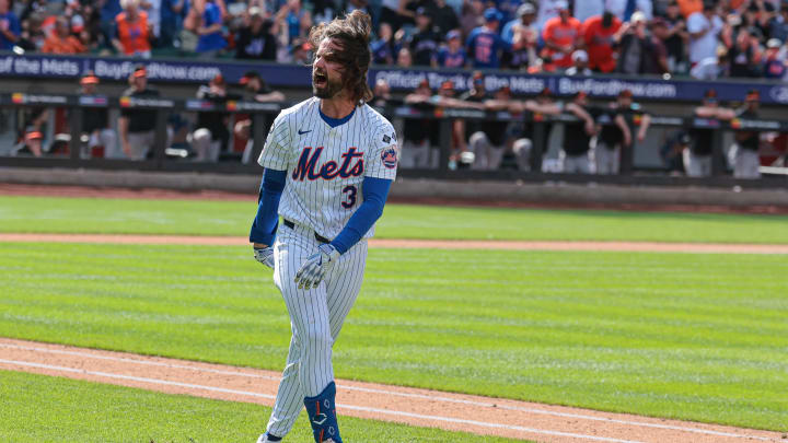 Aug 21, 2024; New York City, New York, USA; New York Mets left fielder Jesse Winker (3) celebrates after hitting a game-winning solo home run during the bottom of the ninth inning against the Baltimore Orioles at Citi Field. Mandatory Credit: Vincent Carchietta-USA TODAY Sports